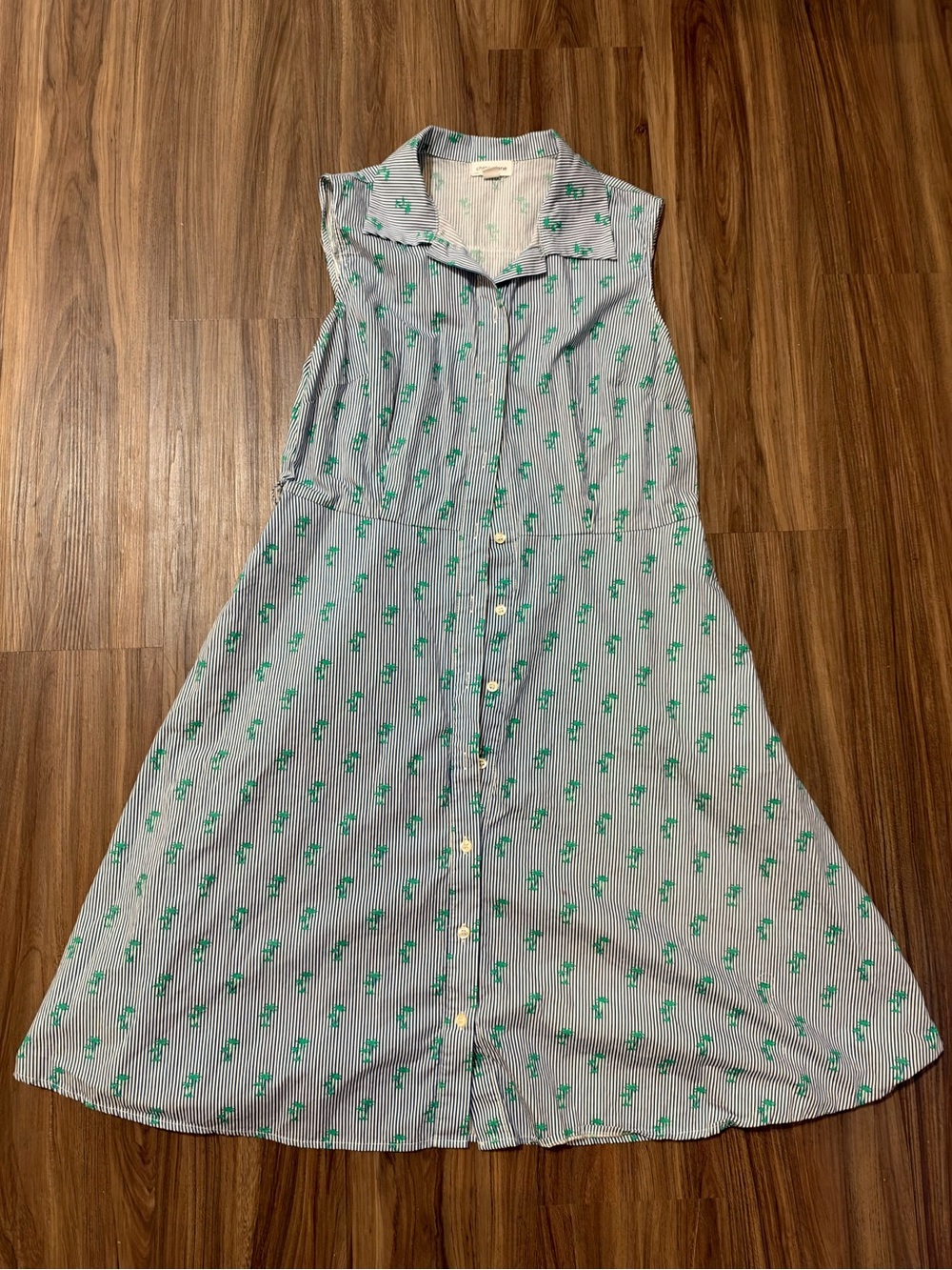 Sleeveless Blue Striped Dress with Green Palm Print